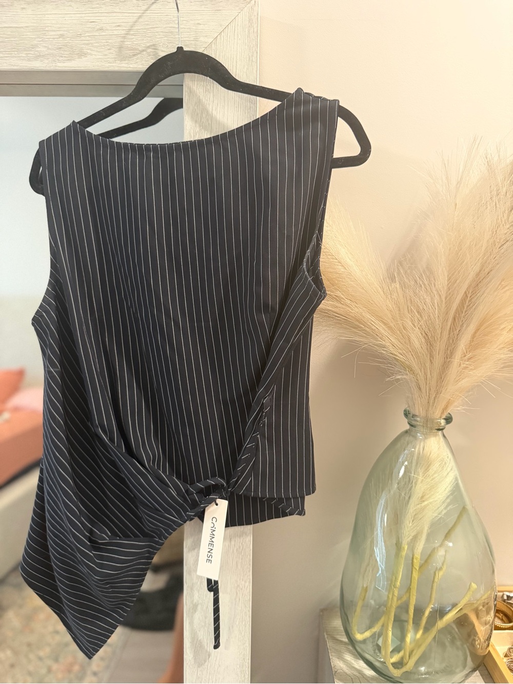 Commense Navy Pinstripe Asymmetrical Twist Shirt